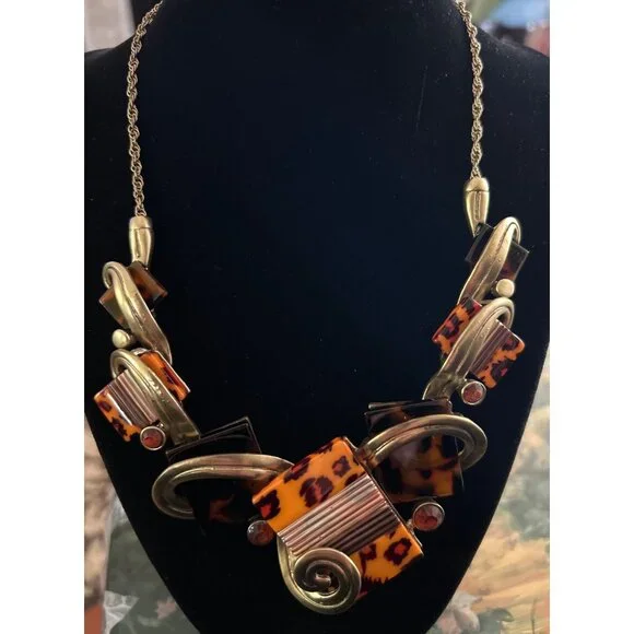 Fashion Jewel Set Earrings Necklace Tortoise Shell Pattern Gold-Tone Nickel Free - Picture 4 of 5